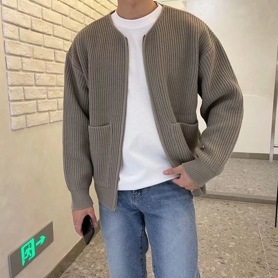 New Men Zip Up Knitted Cardigan Lined Funnel Neck Jumper Sweater Pockets Coat All Seasons Comfortable Soft Long Sleeve