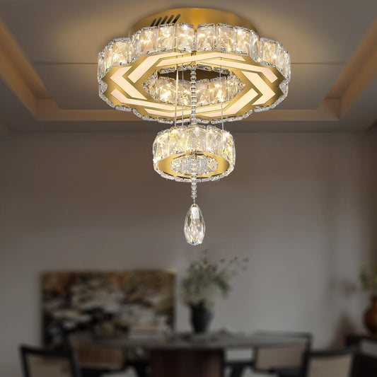 NEW Gold Crystal Chandelier 12 Inch Dimmable Flush Mount