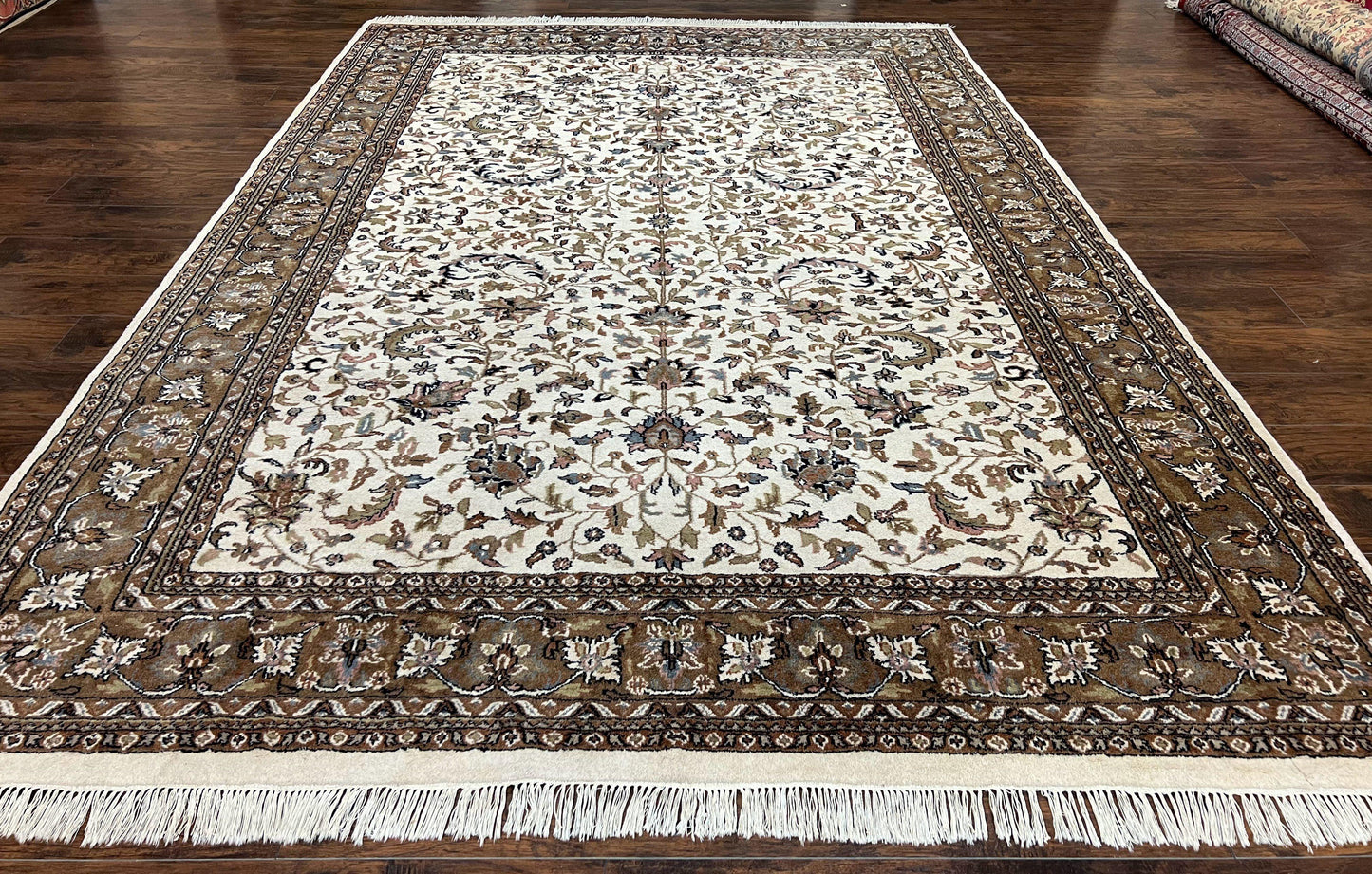 USED Indo Kirman Rug 8x12 Allover Floral Design, Ivory/Cream Brown, Vintage Handmade Hand Knotted Rug, Traditional Wool Persian Carpet 8 x 12