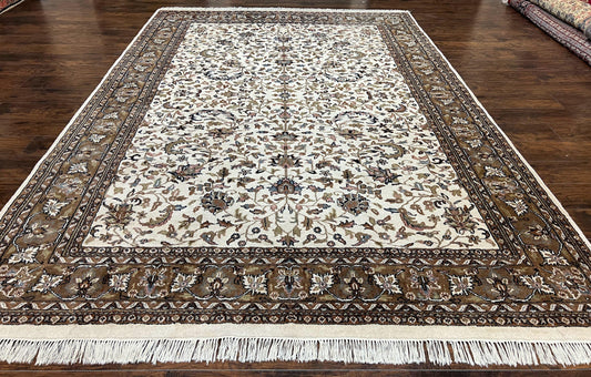 USED Indo Kirman Rug 8x12 Allover Floral Design, Ivory/Cream Brown, Vintage Handmade Hand Knotted Rug, Traditional Wool Persian Carpet 8 x 12