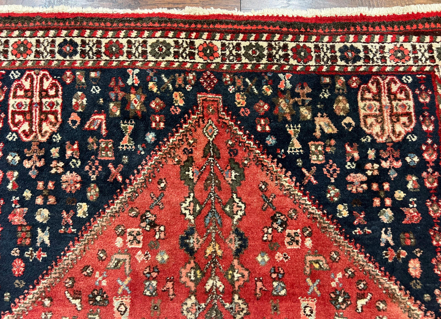USED Persian Tribal Rug 3.6 x 5 ft, Persian Abadeh Rug, Geometric Medallion Bird Motifs, Red and Navy Blue Hand Knotted Handmade Wool Vintage Oriental Carpet