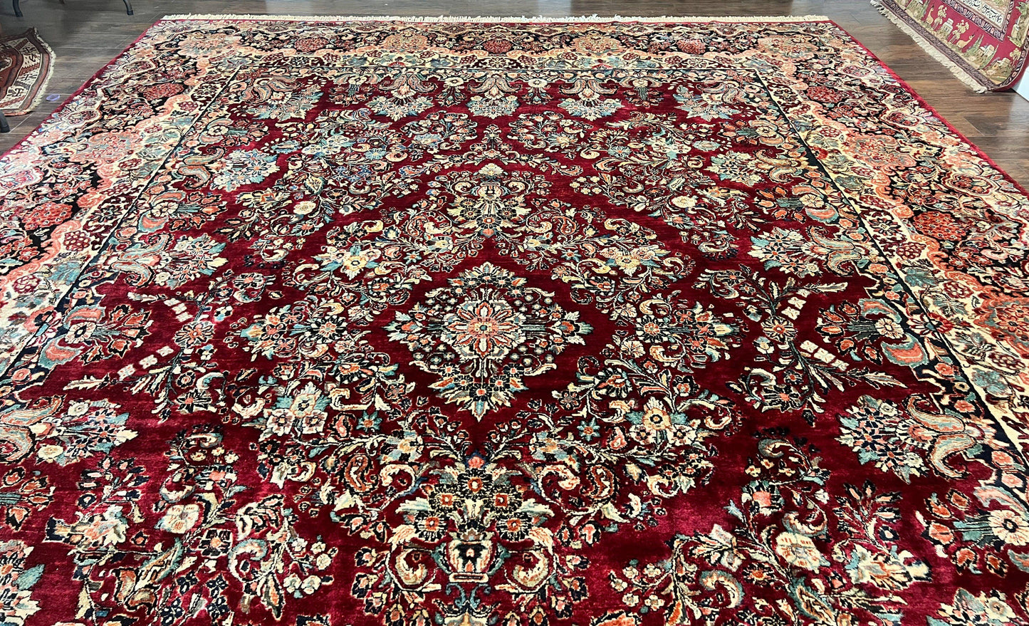 USED Persian Sarouk Rug 12x17, Wool Hand Knotted Antique Carpet, Dark Red, Traditional Floral Oriental Rug, 12 x 17 Extra Large Handmade Rug