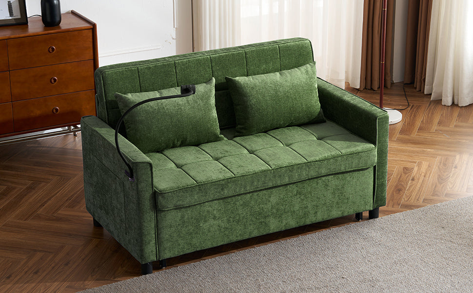 NEW 56.9' Convertible Loveseat Sofa Bed with Adjustable Backrest, USB Ports, Phone Holder, Side Pockets, Green Chenille,