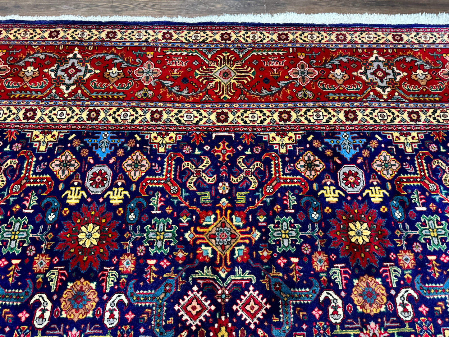 USED Large Persian Tabriz Rug 10x16, Navy Blue and Red, Allover Pattern, Vintage Hand Knotted Wool Carpet