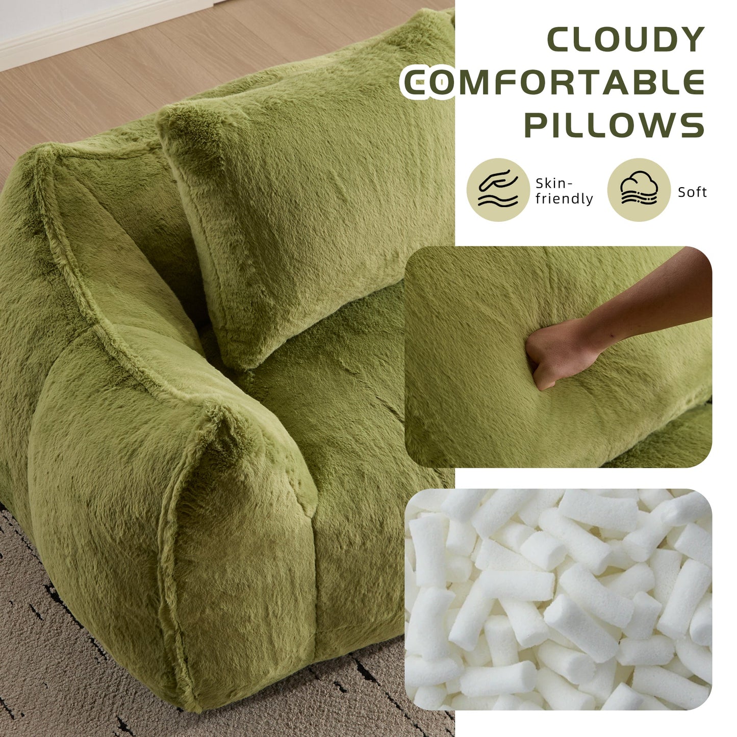 NEW Adult Green Giant Bean Bag Sofa Couch for Adults, Ultra Soft Fluffy Loveseat Bean Bag Sofa Oversized Lounge Cozy Reading Chair with Pillows