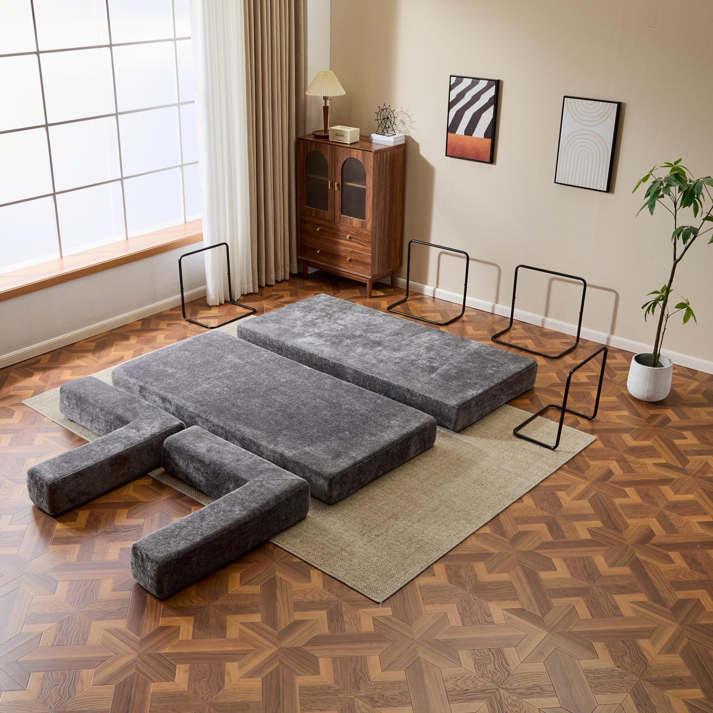 NEW Floor Couch,Compression Sofa,Convertible Floor Sofa Bed-with Pillow Back Support Armrest,Comfy Futon Couch Lounge Sleeper Bed,Chenile fabric,for Living Room Bedroom (DARK-GREY)