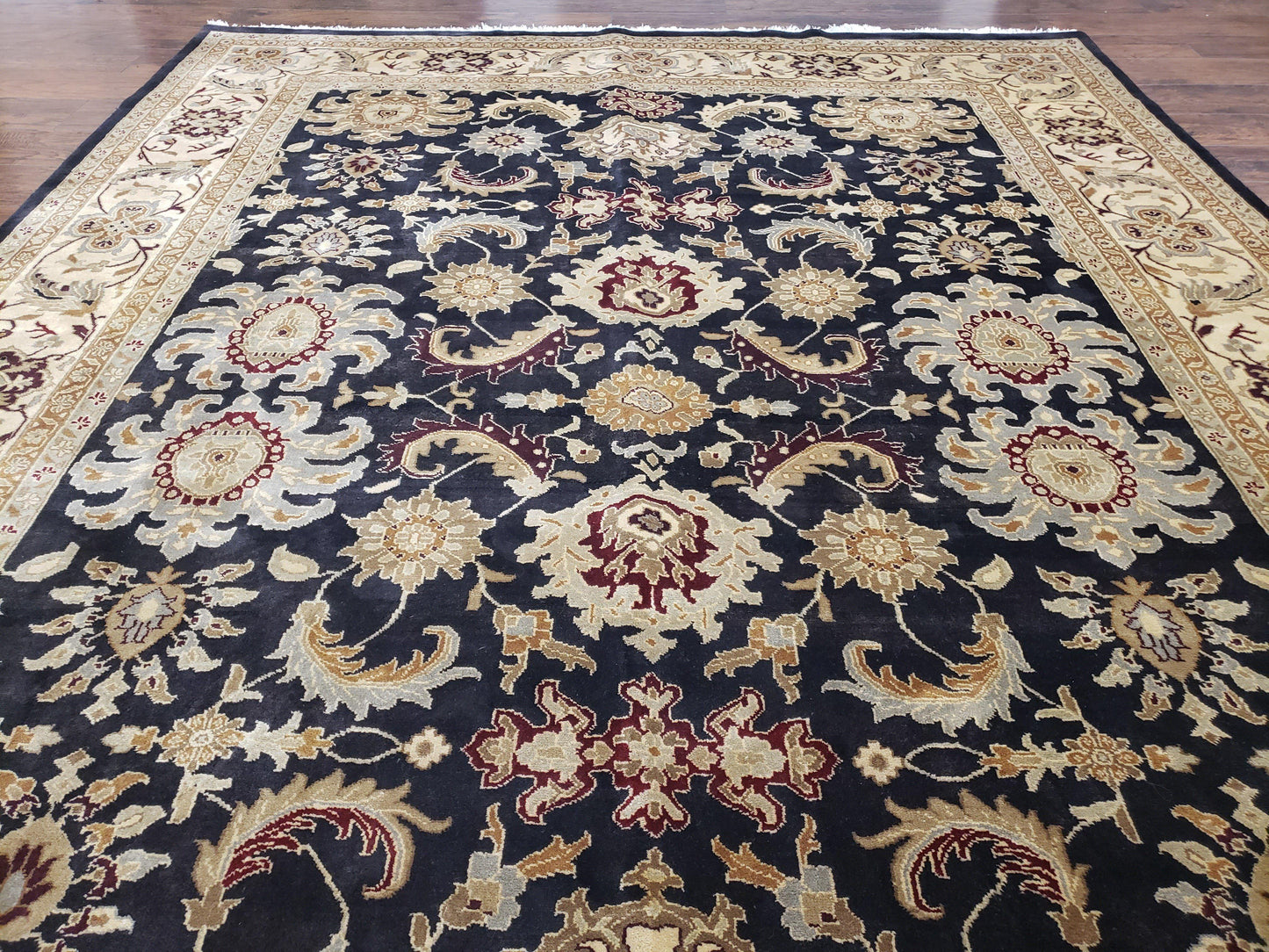 USED Indo Mahal Rug 8x12, Indian Sultanabad Handmade Area Rug, Vintage Hand-Knotted Wool Black Floral Traditional Oriental Dinning Room Rug