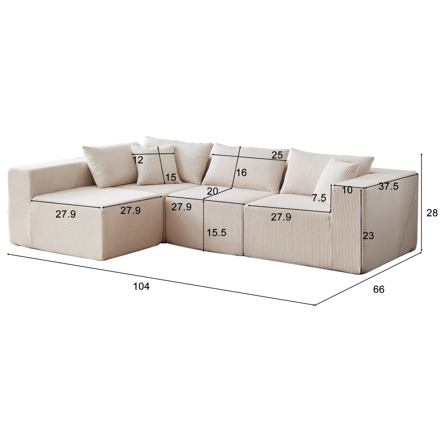 NEW Corduroy Modular L Shaped Sectional Luxury Upholstered Foam-Filled Compressed Sofa Couch Set