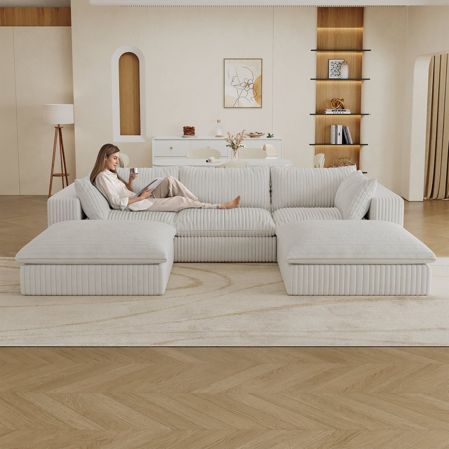 NEW 118.2' White Cloud Corduroy Fabric Deep Seat Double-layer Couch with Removable Cushion