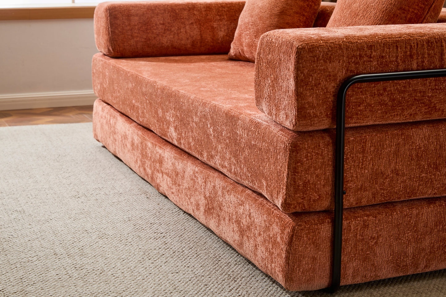 NEW Orange Chenille Fabric Comfy Futon Couch Lounge Sleeper Compression Convertible Floor Sofa Bed Couch with Pillow Back Support Armrest Bed