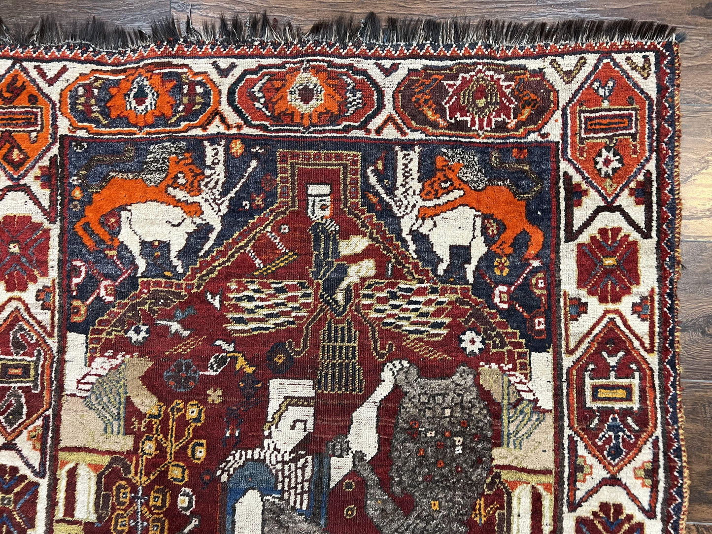 USED Antique Persian Shiraz Pictorial Rug 3.6 x 5, Persian Tribal Rug, Handmade, Lions, Highly Unique Collectible Small Persian Carpet, Maroon, Wool