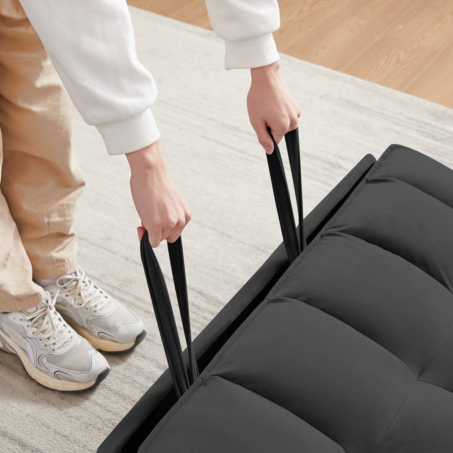 NEW Modern Velvet Convertible Loveseat Futon Sofa with Pullout Bed, Reclining Backrest, Black