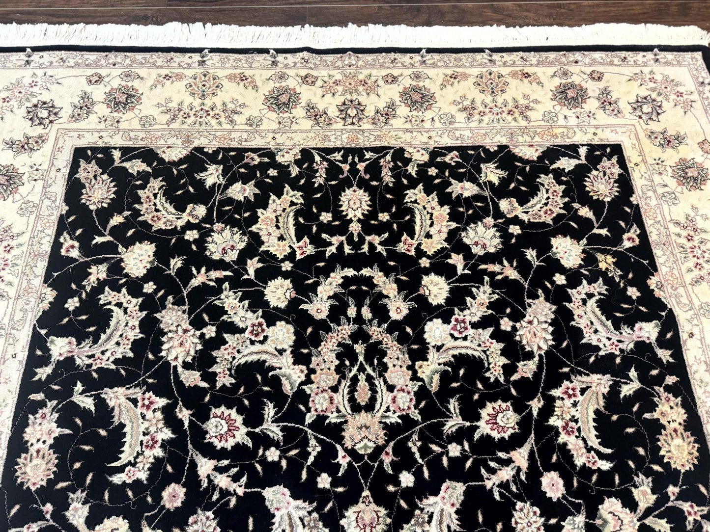 USED Sino Persian Rug 6x9, Black and Ivory, Wool and Silk Highlights, Handmade