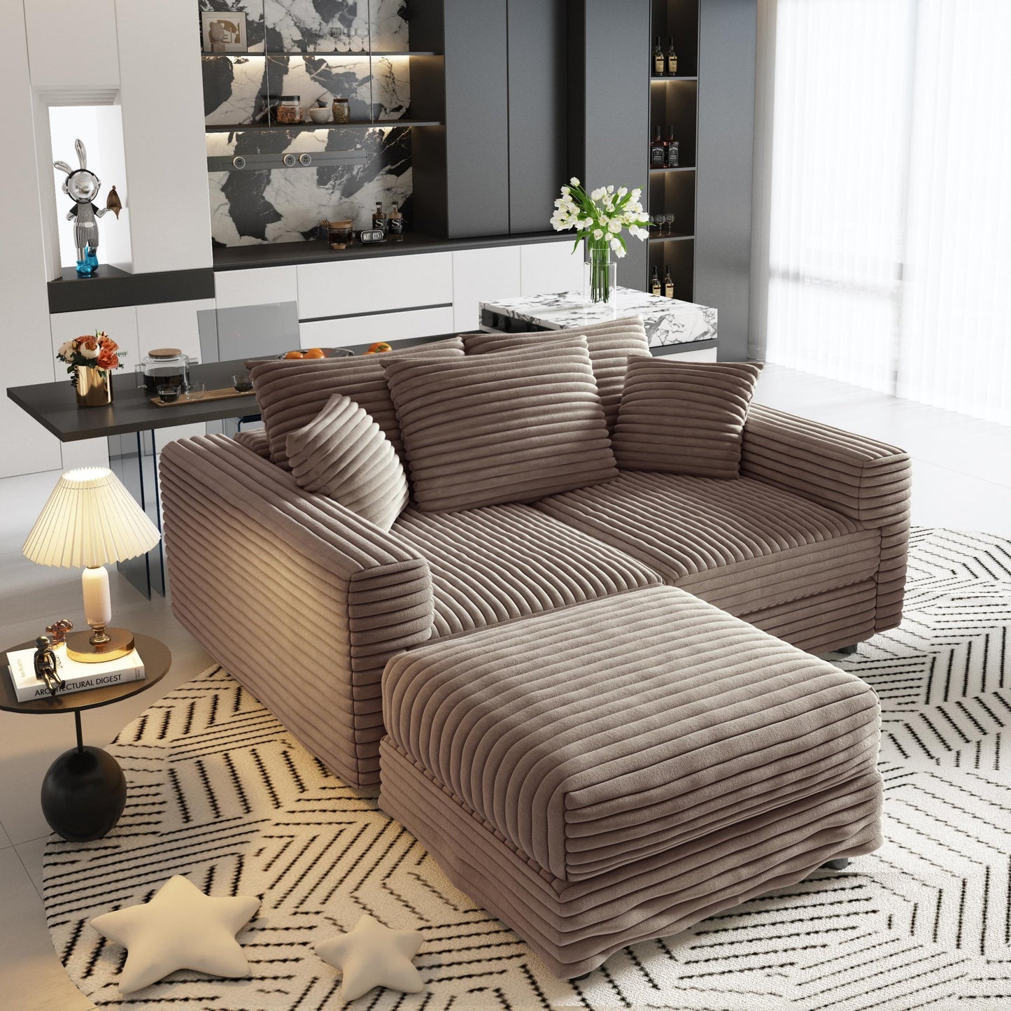 NEW 82.7' Modern Camel Plush Corduroy Comfy Upholstered 3-Seat Sofa Comfy Upholstered Cloud Deep Seat Couch with Soft Pillows and Ottoman