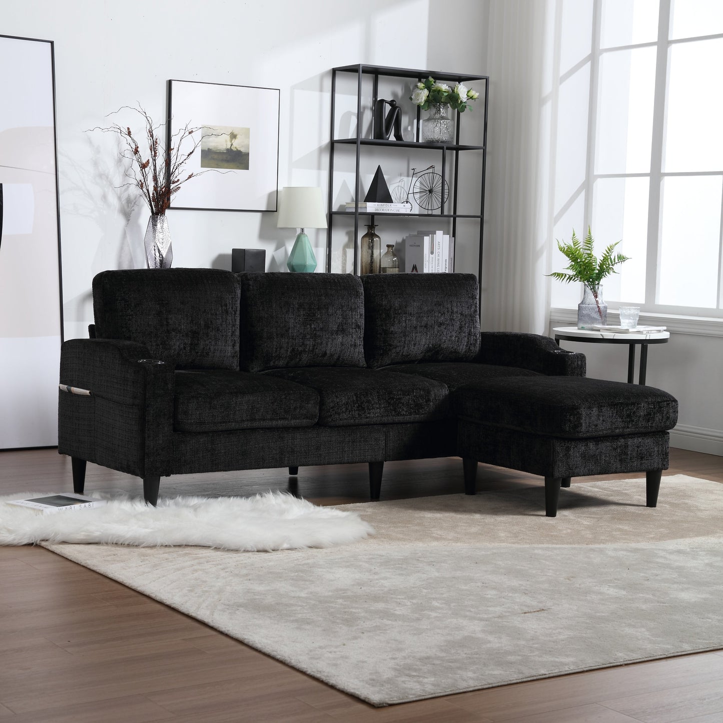 UNITED  WE WIN Sofa for three, solid wood frame, Chenille fabric, side pocket, with two cup holders, footstool with storagestorage sofa /Living room sofa cozy sectional  sofa