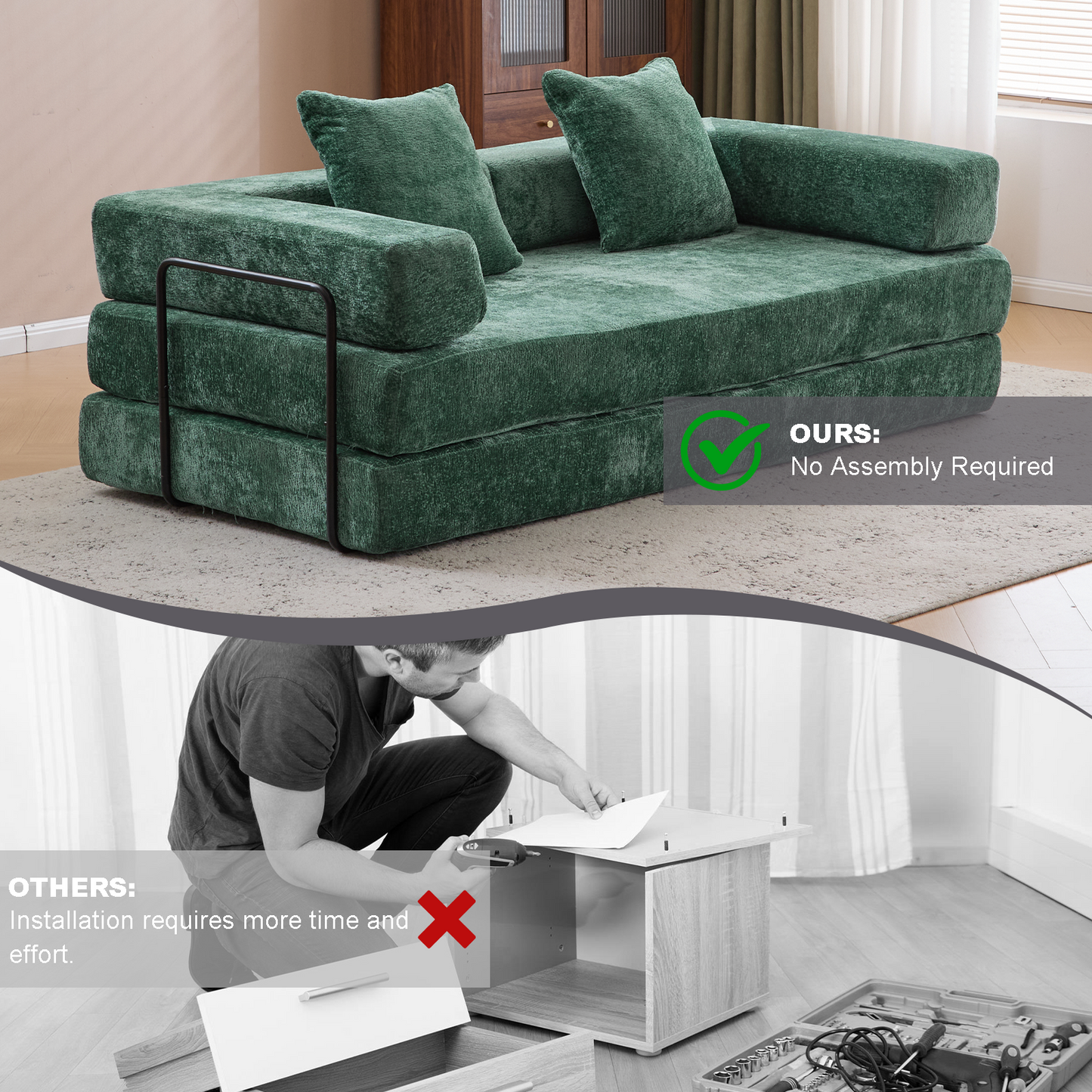 NEW Dark Green Chenille Fabric Floor Compression Convertible Sofa Bed