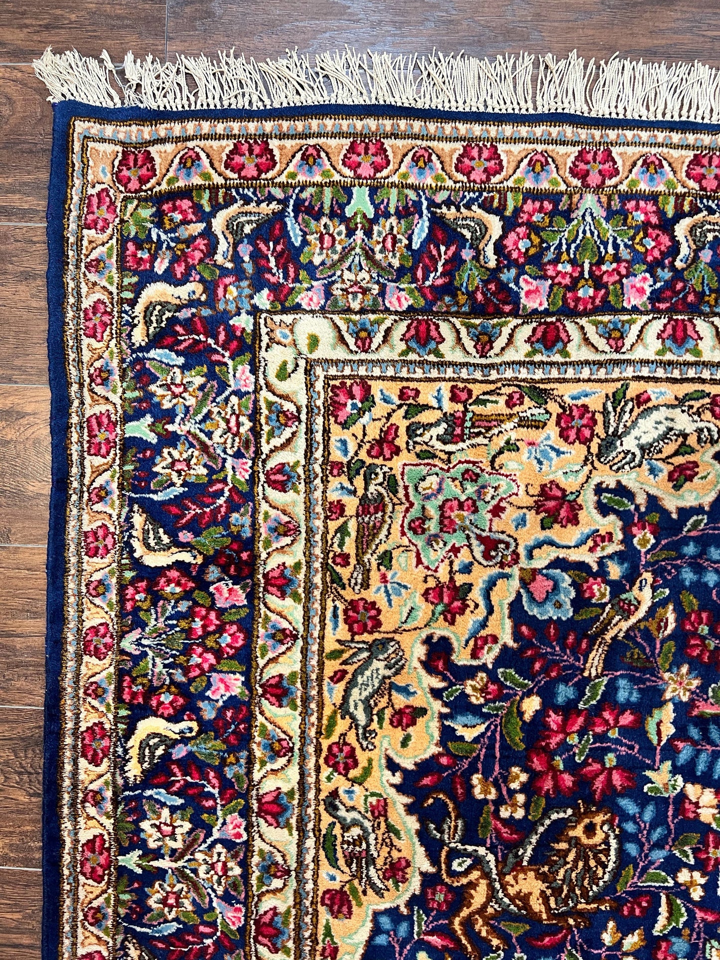 USED Persian Kirman Rug 6x9, Floral Medallion Vintage Wool Handmade Carpet 6 x 9, Animal Pictorials Birds, Semi Antique, Navy Blue, Millefleur