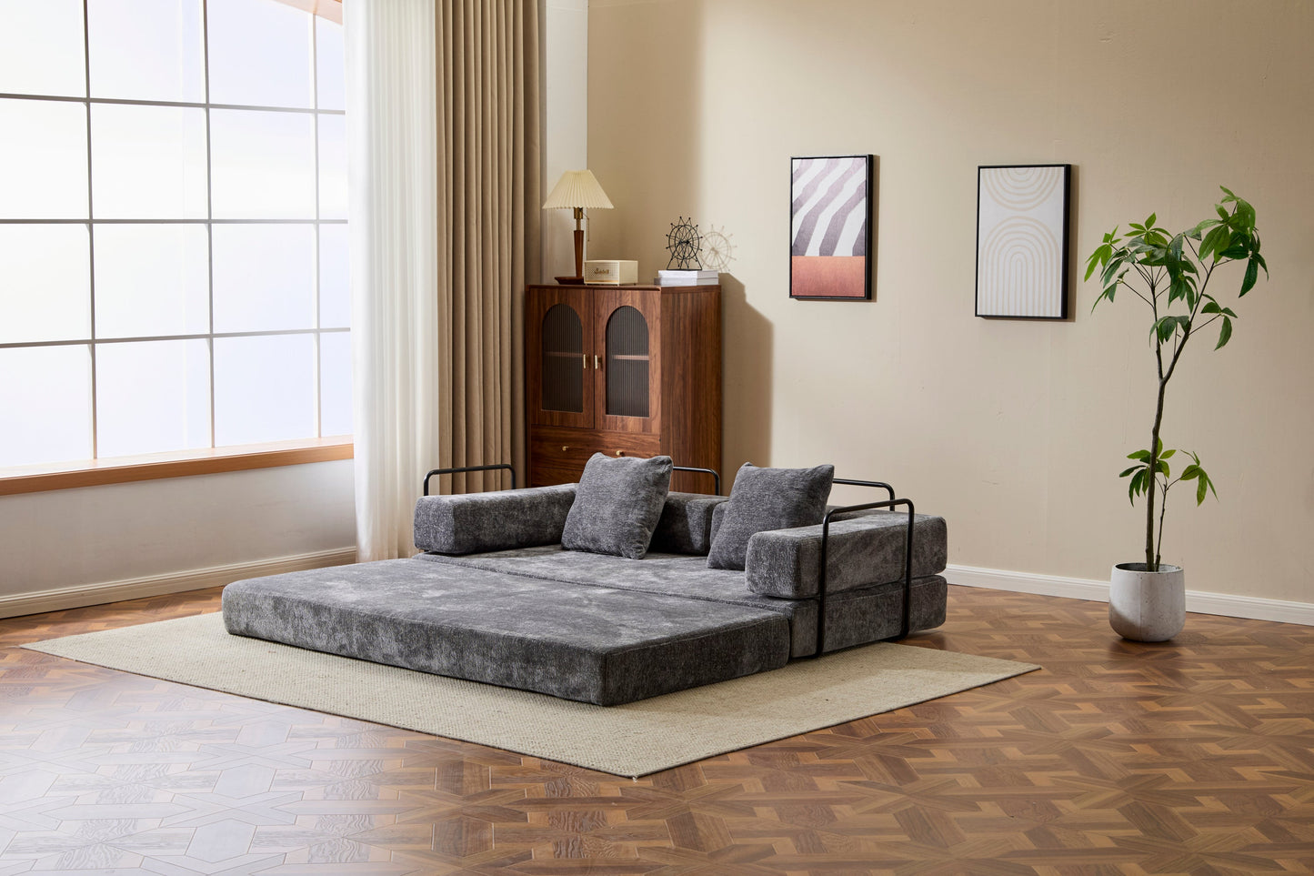 NEW Floor Couch,Compression Sofa,Convertible Floor Sofa Bed-with Pillow Back Support Armrest,Comfy Futon Couch Lounge Sleeper Bed,Chenile fabric,for Living Room Bedroom (DARK-GREY)