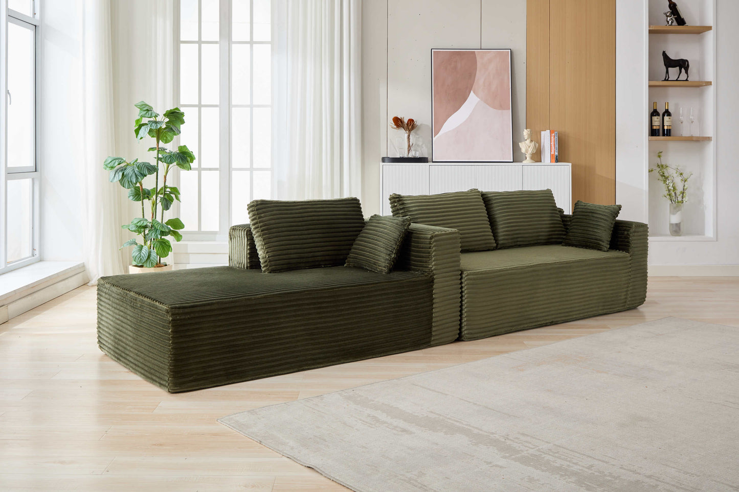 NEW Compression Sectional Couch with Comfy Chaise, Boneless L Shape Sofa with Deep Seat, Minimalist Modular Couches Sleeper for Living Room Bedroom Apartment Lounge,corduroy,Green