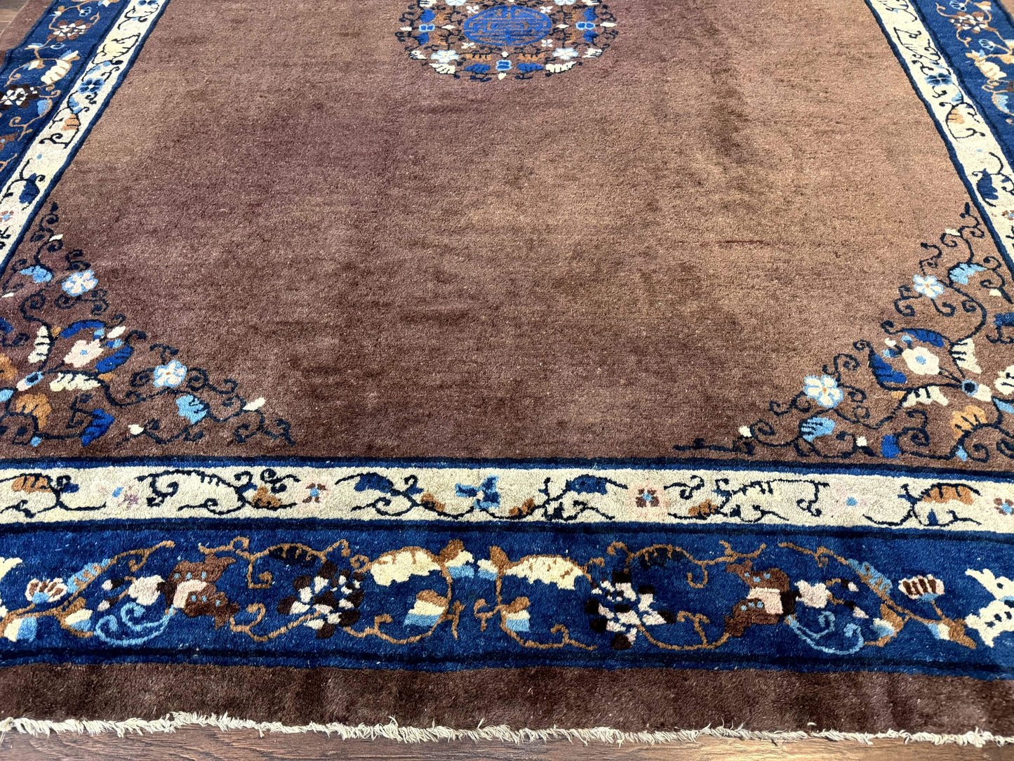 USED Antique Chinese Wool Rug 9x11, Large Chinese Art Deco Rug, Peking Rug, Brown and Blue, Open Field, Fete Rug