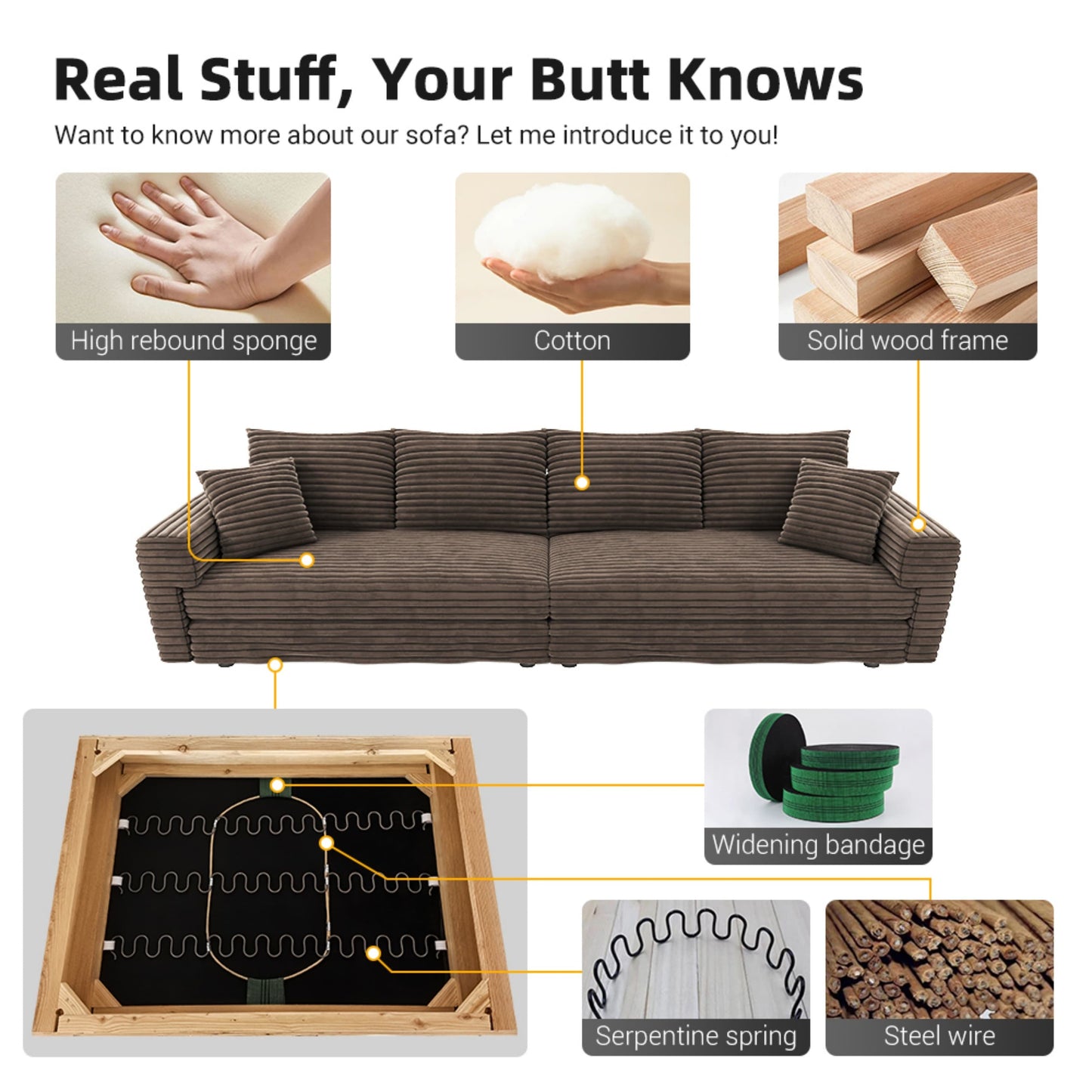 NEW 102.4' Modern Comfy Plush Upholstered Camel Corduroy 4-Seat Convertible Sofa Lounge Chair Comfy Upholstered Sofa Deep Seat Couch with Soft Pillows and Movable Ottoman