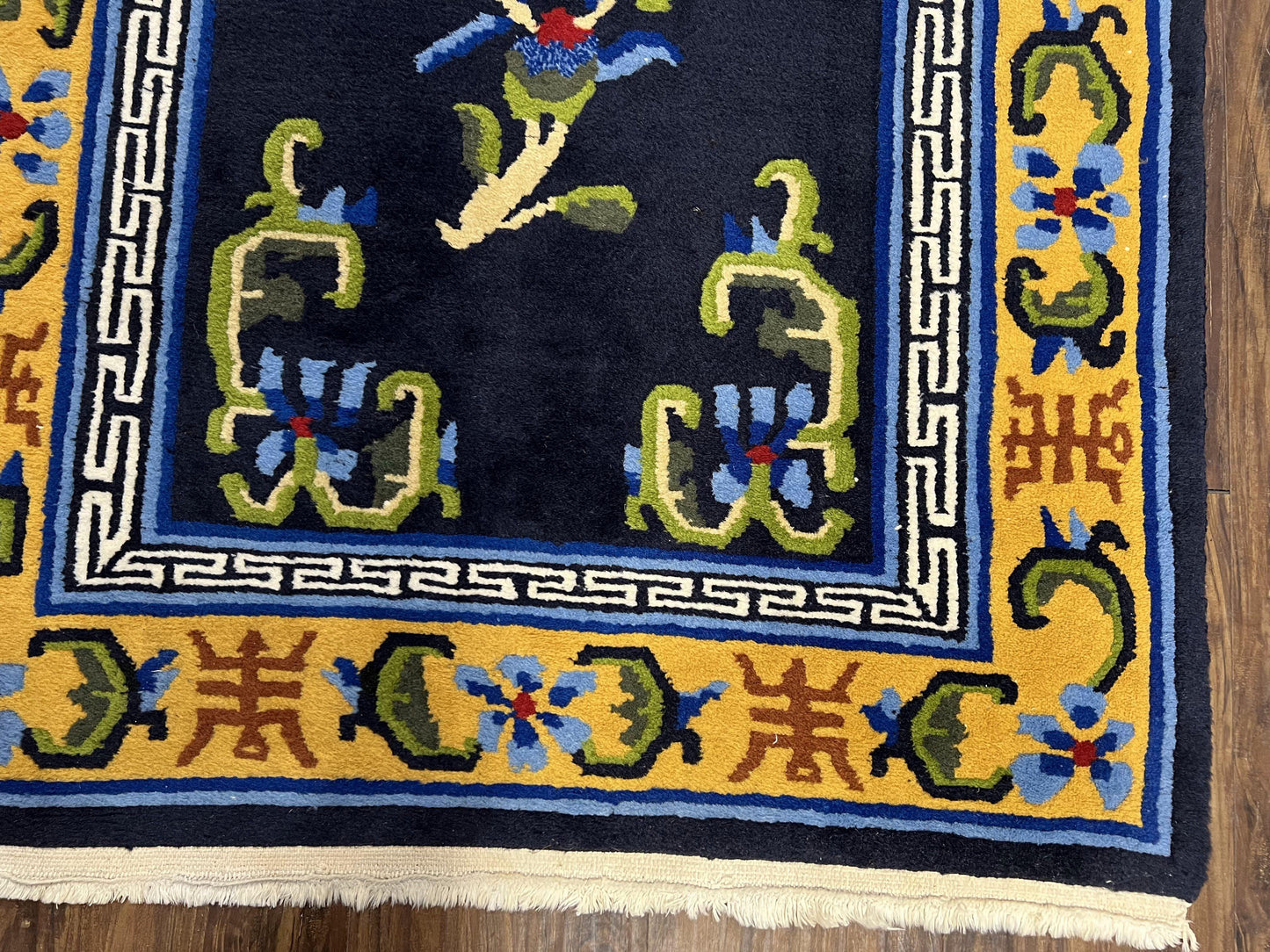 USED Chinese Art Deco Rug 3 x 5.9, Handmade Chinese Peking Carpet, Dark Blue and Gold, Medallion, Asian Oriental 3x6 Hand Knotted Vintage Rug