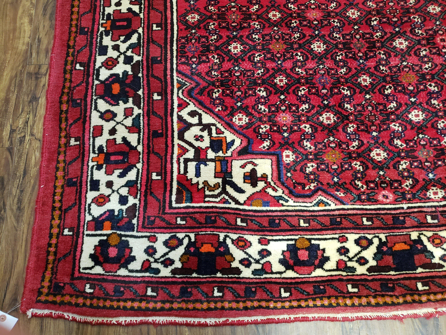 USED Vintage Persian Hamedan Rug 7x10, Angelas Mahi Pattern, Red, Wool, Hand-Knotted