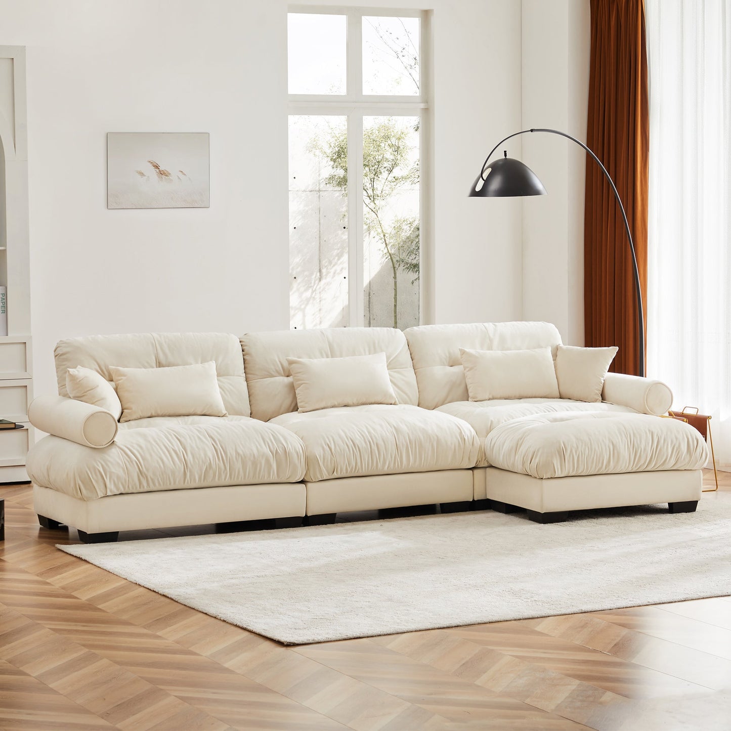 NEW Cream Super Comfort Oversized Modular Velvet Sectional Sofa Couch with Movable Ottoman