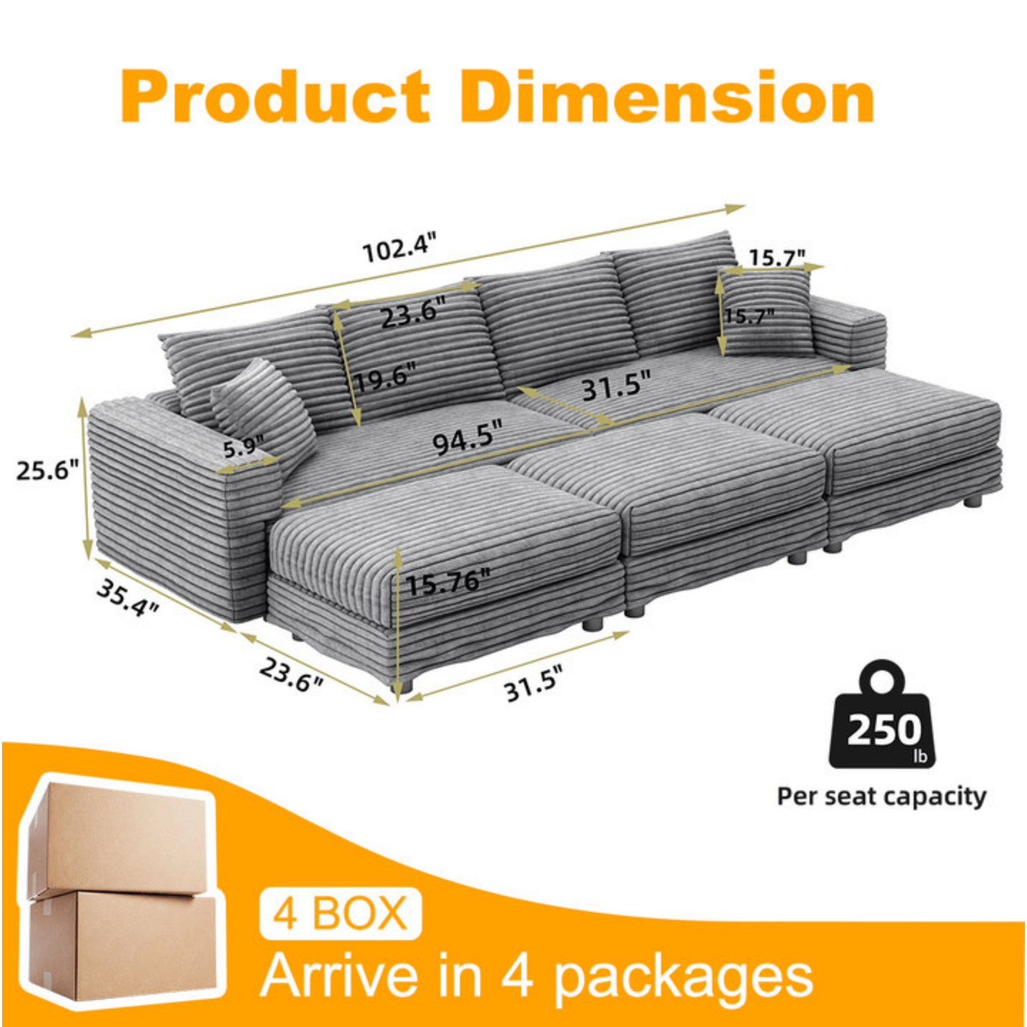 NEW 104.3' Plush Grey Corduroy Modern Comfy Upholstered 4-Seat Comfy Deep Seat Sofa Cloud Couch with Soft Pillows and 3 Ottomans Convertible Lounge Char