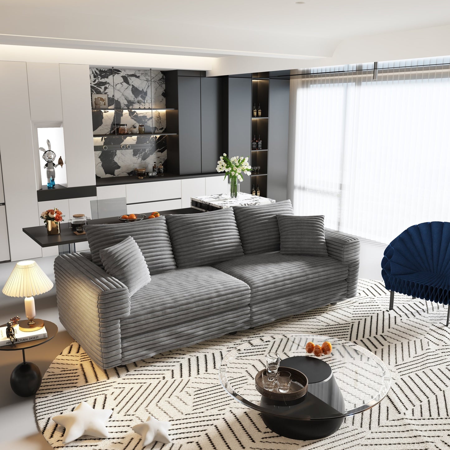 NEW 82.7’ Modern Plush Grey Corduroy Comfy Upholstered 3-Seat Sofa Deep Seat Couch