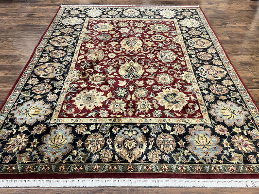 USED Indo Persian Rug 8x10, Wool Hand Knotted Vintage Carpet, Dark Red, Indian Mahal Rug, Agra Design, 8 x 10 Room Sized Oriental Rug