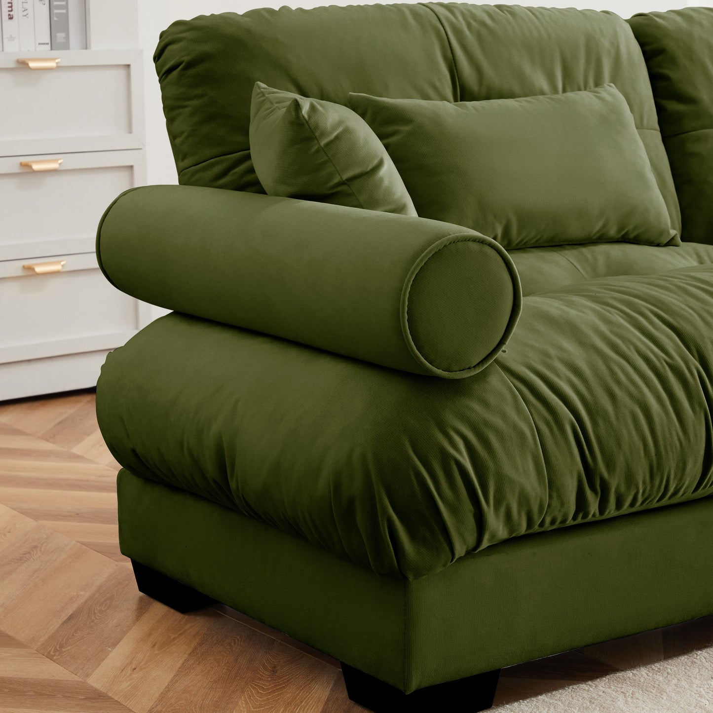 NEW Modern Oversized Velvet Two-Seater Sofa with Ottoman and Round Bolster Armrests in Olive Green