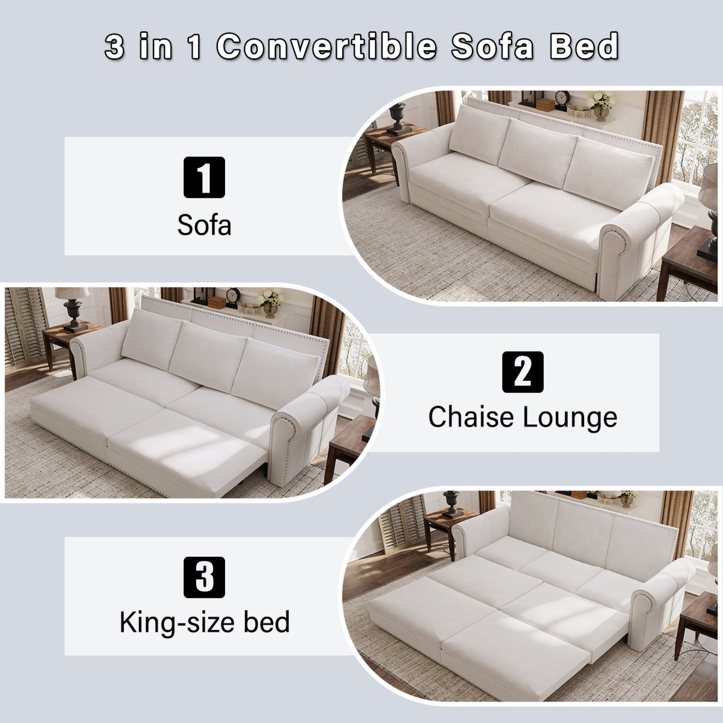 NEW King  Beige Chesterfield Sofa, 3-in-1 Velvet Convertible Sleeper Sofa with Nail head Trim Pull
