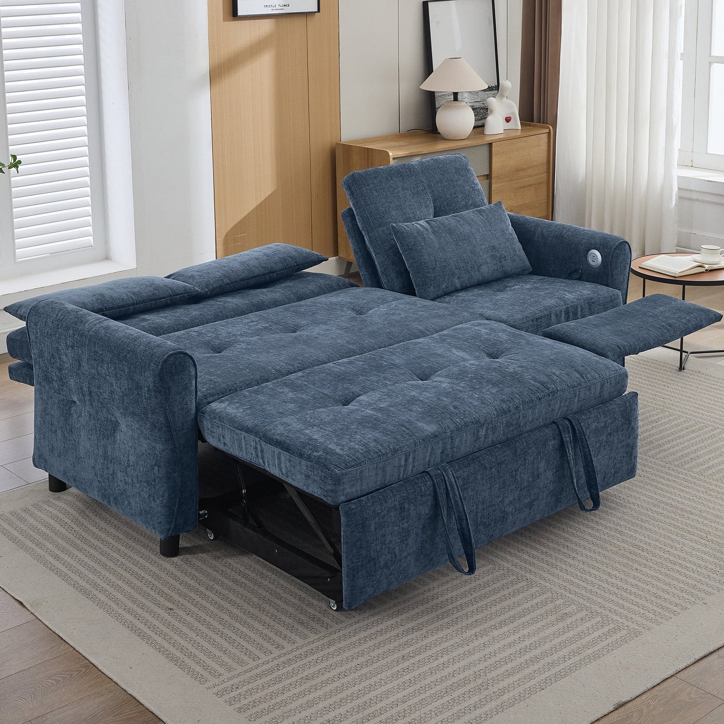 NEW 2-in-1 Sofa 82' Three-seater Sofa with Sofa Bed and Reversible Recliner, Blue Chenille