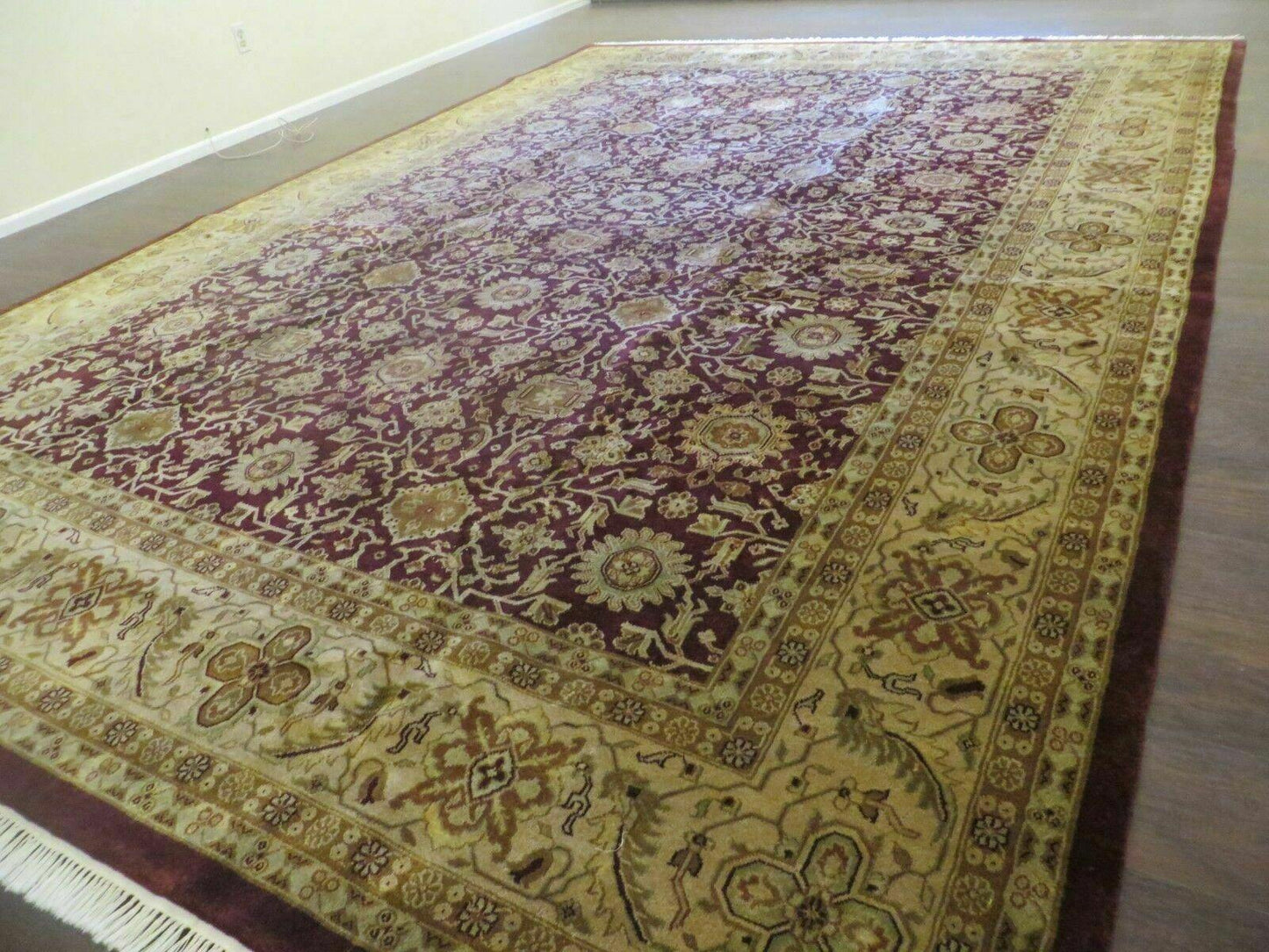 USED Indian Agra Rug 10x14 Vintage Handmade Larastan Wool Carpet Maroon Floral