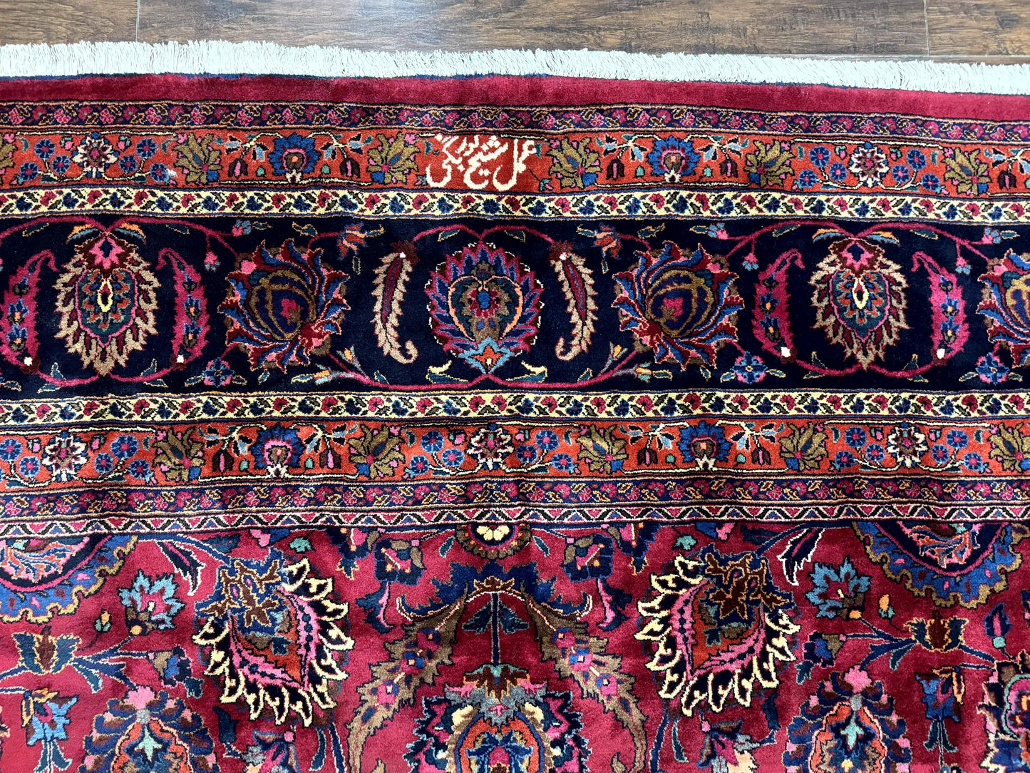 USED Palace Size Persian Mashad Rug 12x16, Raspberry and Navy Blue, Signature from Master Weaver, Antique Handmade Large Wool Carpet
