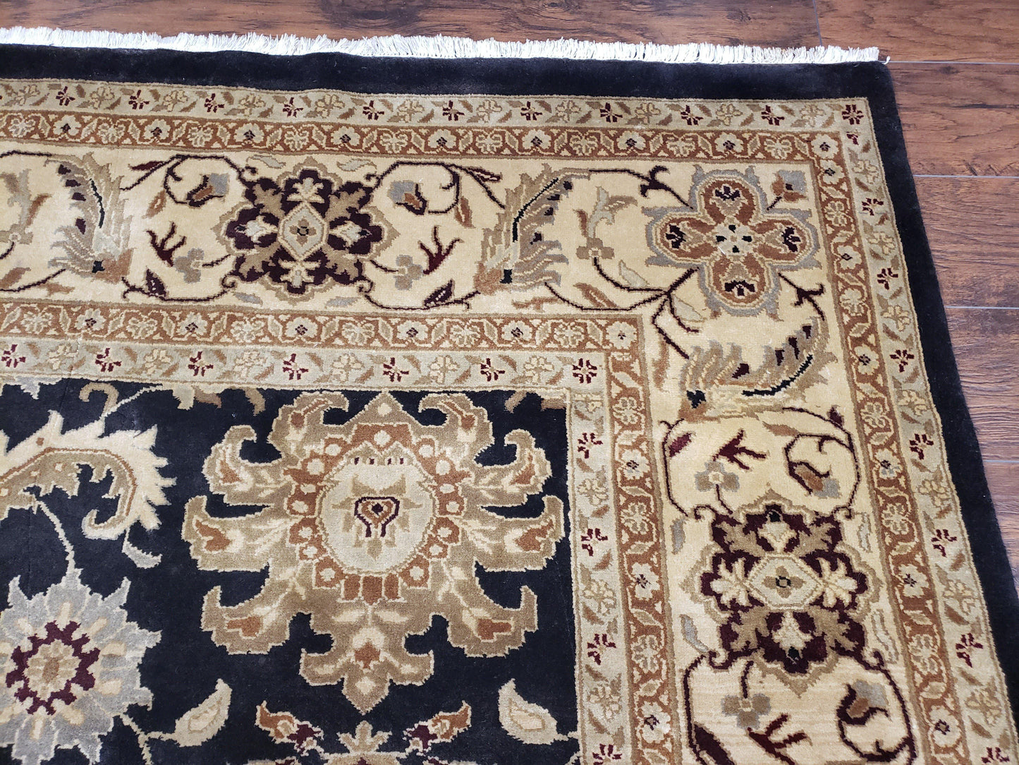 USED Indo Mahal Rug 8x12, Indian Sultanabad Handmade Area Rug, Vintage Hand-Knotted Wool Black Floral Traditional Oriental Dinning Room Rug