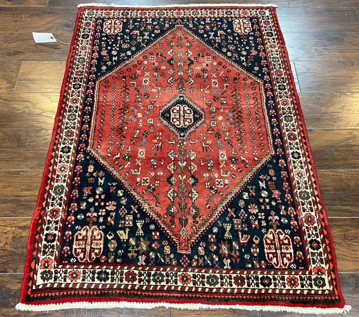USED Persian Tribal Rug 3.6 x 5 ft, Persian Abadeh Rug, Geometric Medallion Bird Motifs, Red and Navy Blue Hand Knotted Handmade Wool Vintage Oriental Carpet