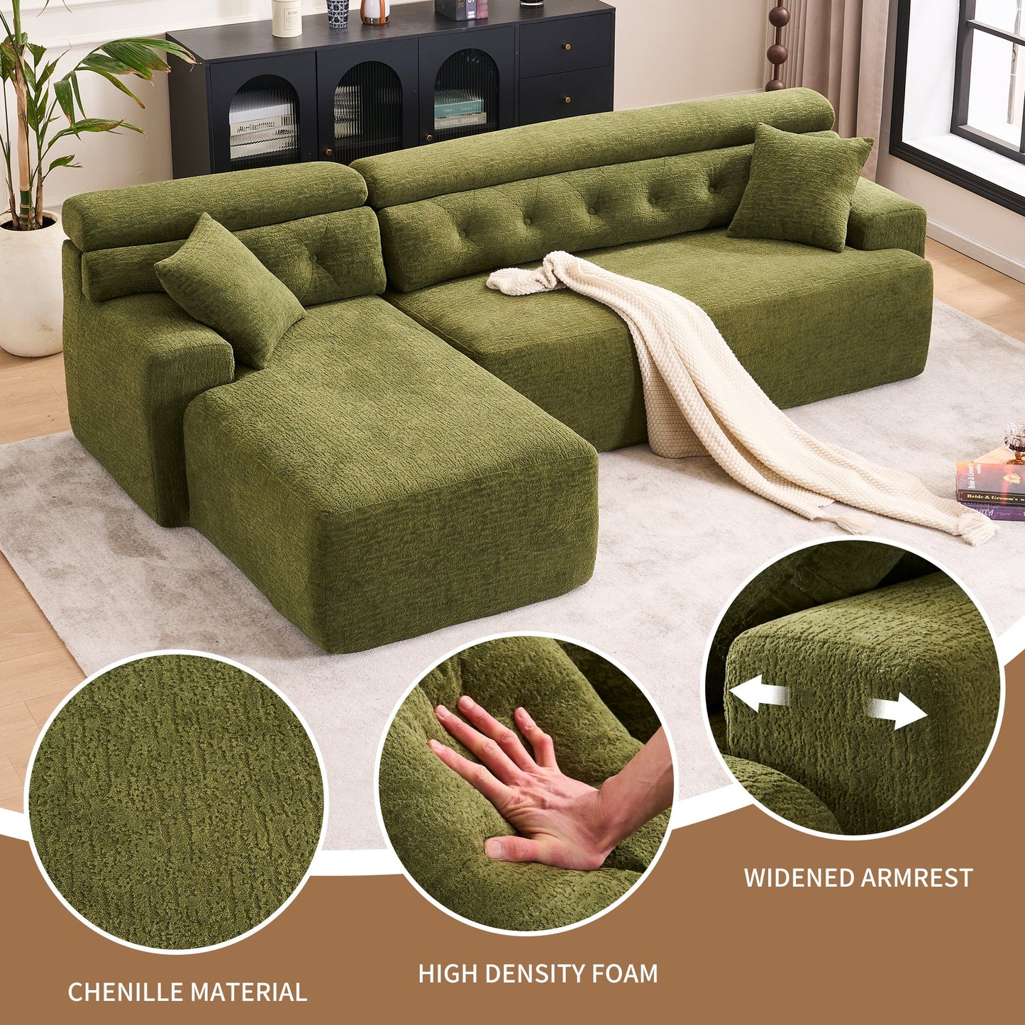 NEW 105' Modula Compression Sponge L-Shaped, Chesterfield-Inspired Design, No-Assembly Chenille Couch, 30D High-Density for Living Room, Bedroom, Apartment.Green.