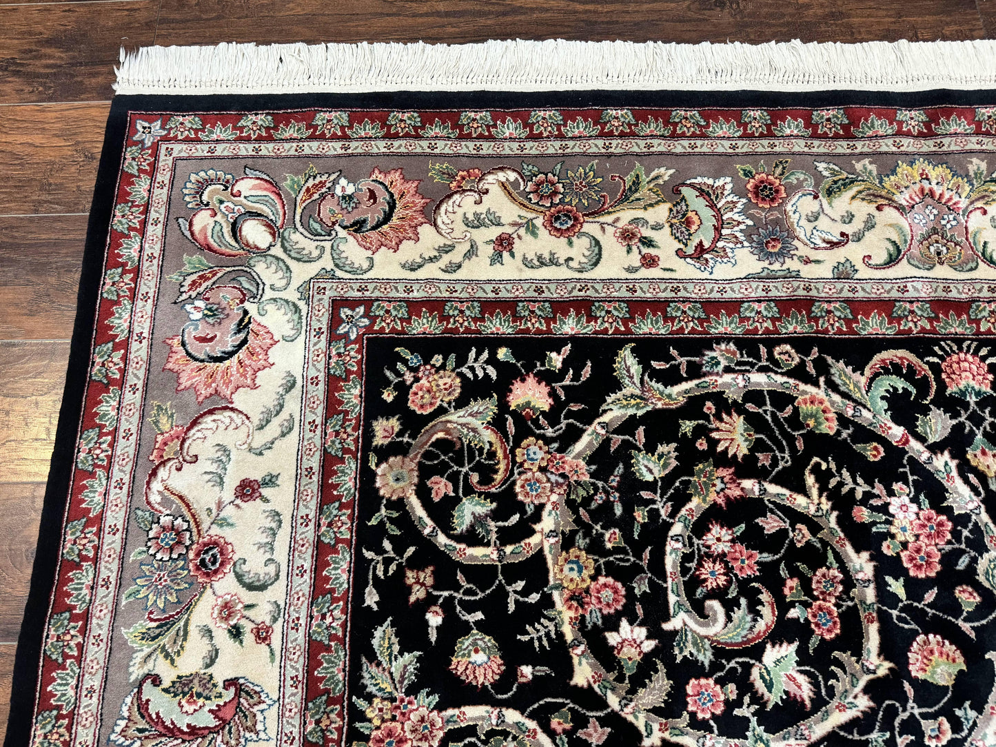 USED Black Pak Persian Rug 8x11, Floral Pattern, Hand Knotted Vintage Wool Rug with Silk Highlights, Fine 200 KPSI