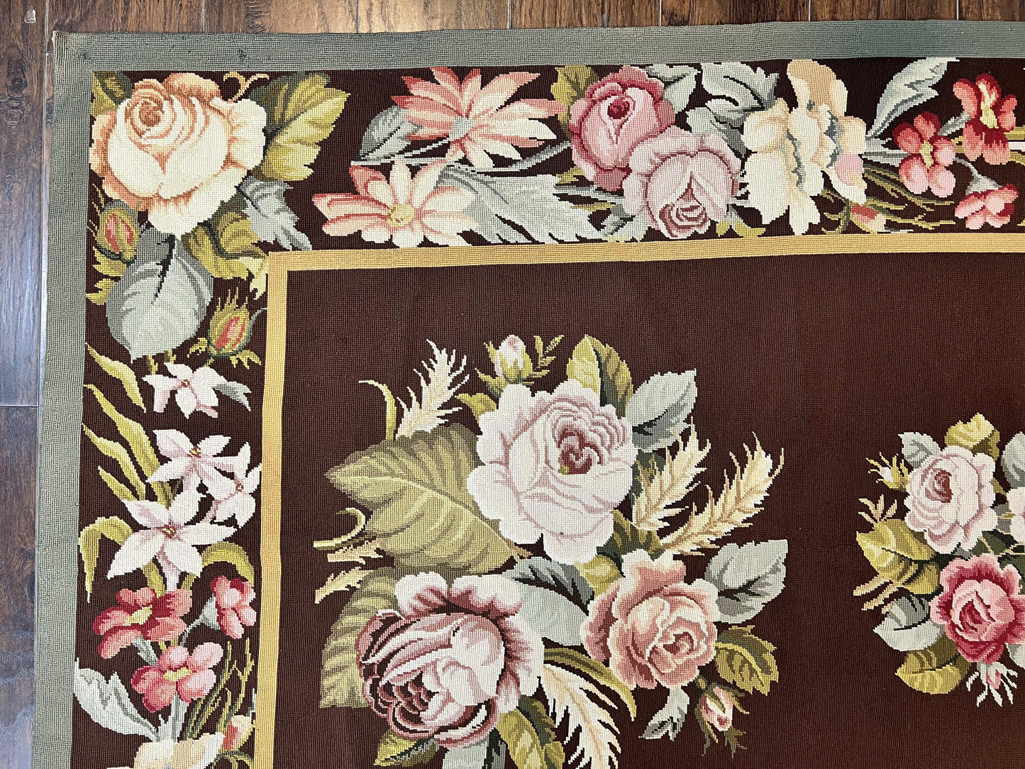 USED Vintage Needlepoint Rug 9x12, Large Handmade Hand-woven Needlepoint Carpet, Brown Area Rug, Floral Bouquets, Wool Rug, European Design