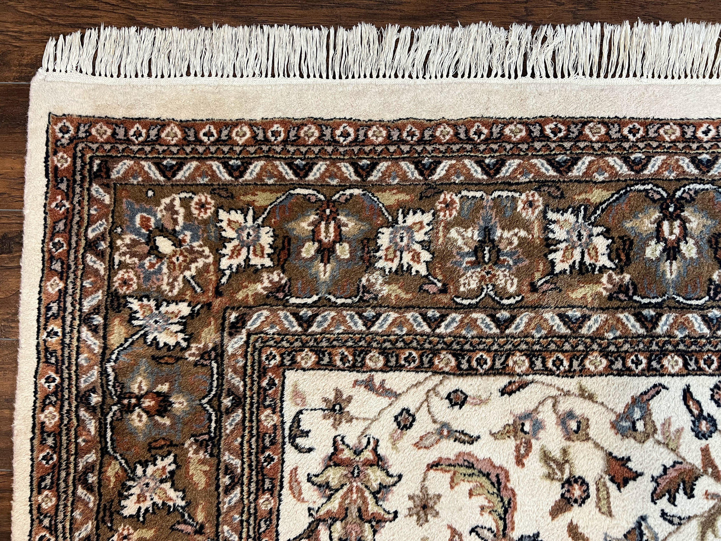 USED Indo Kirman Rug 8x12 Allover Floral Design, Ivory/Cream Brown, Vintage Handmade Hand Knotted Rug, Traditional Wool Persian Carpet 8 x 12