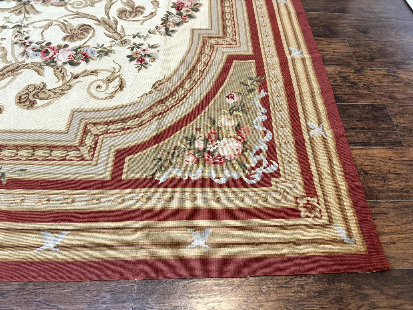 USED Aubusson Needlepoint Rug 9x11, Handmade Vintage Wool Flatweave Carpet, Elegant European Rug, Floral, Cream
