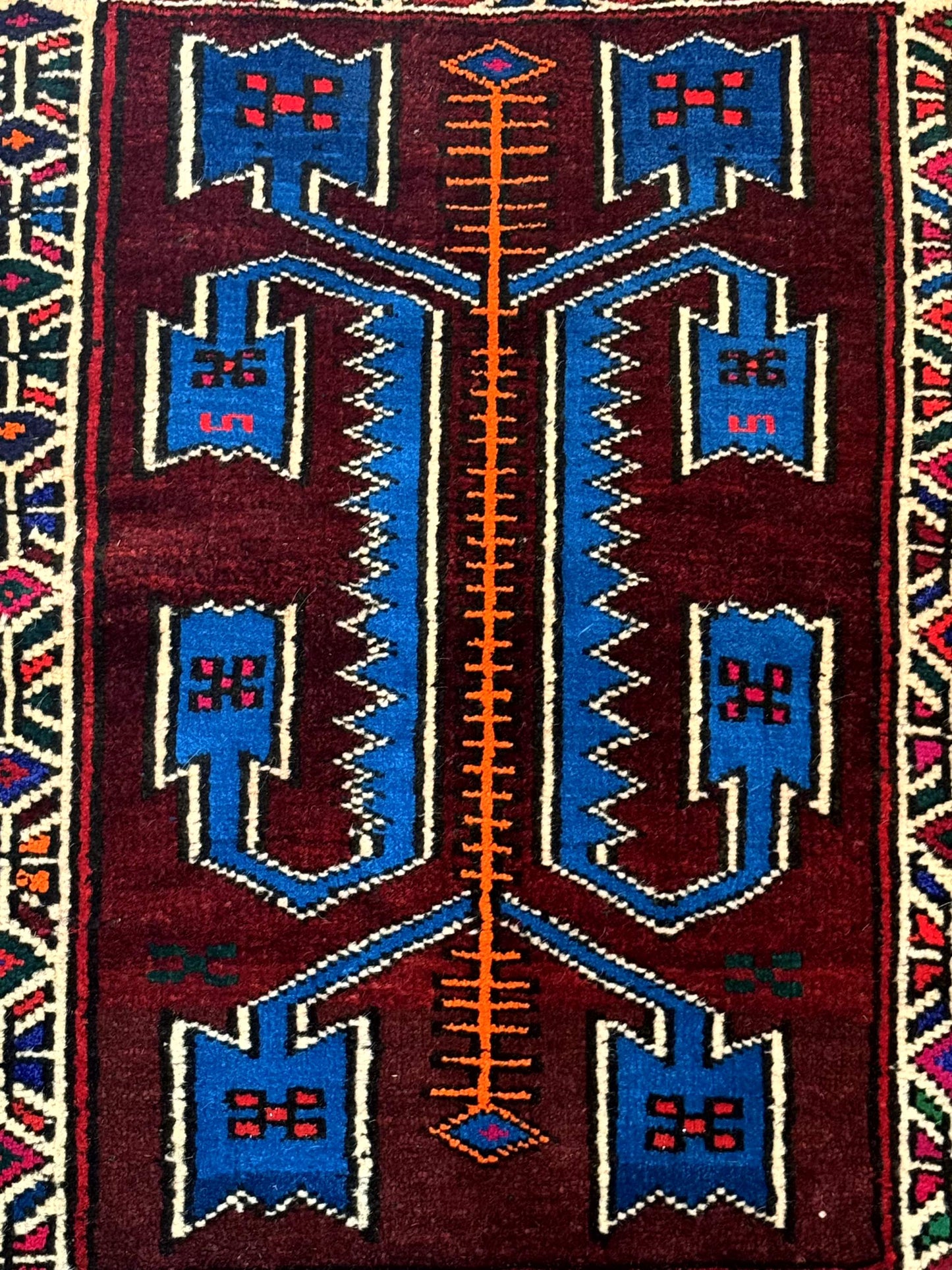 USED Persian Tribal Rug 1.8 x 2, Small Balouchi Rug, Unique Design, Burgundy and Blue
