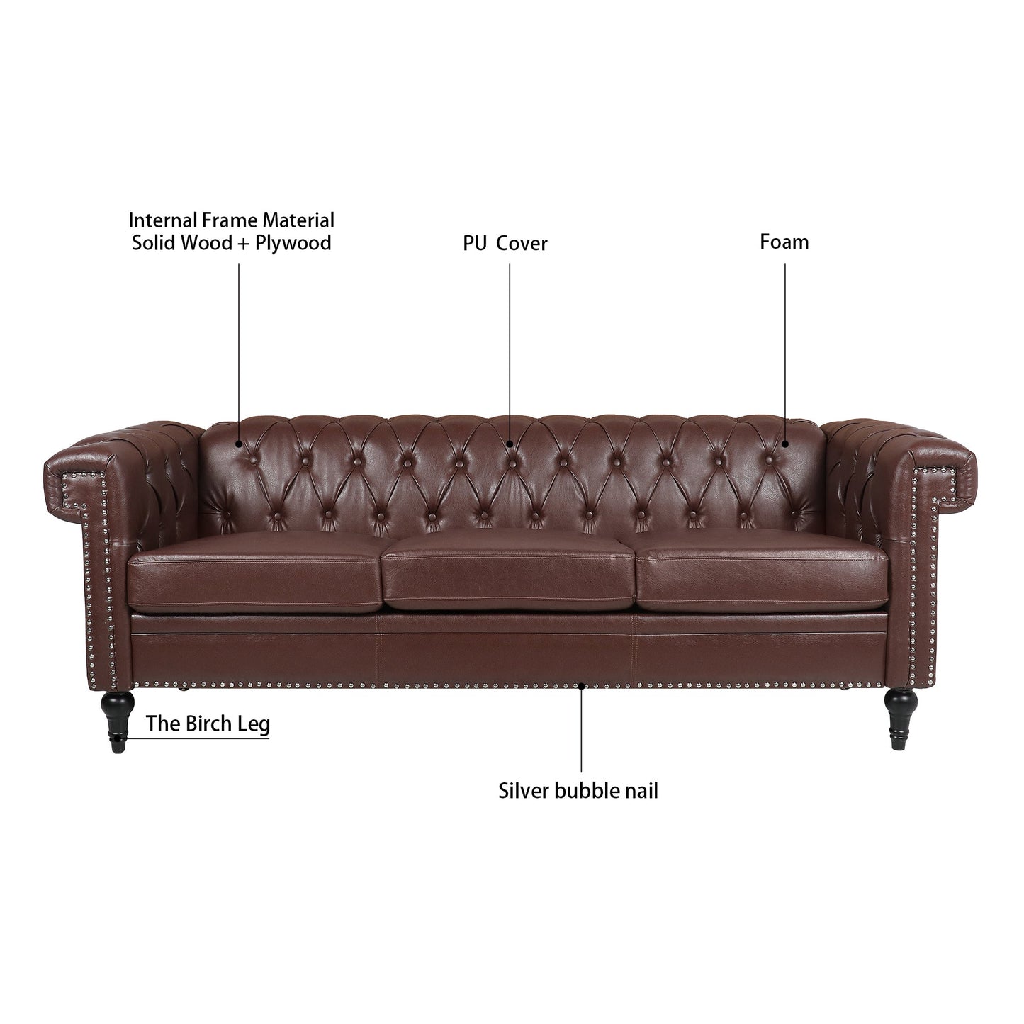 NEW Traditional Dark Brown 3 Seater Sofa with Removable Cushions and Square Arms in PU Material