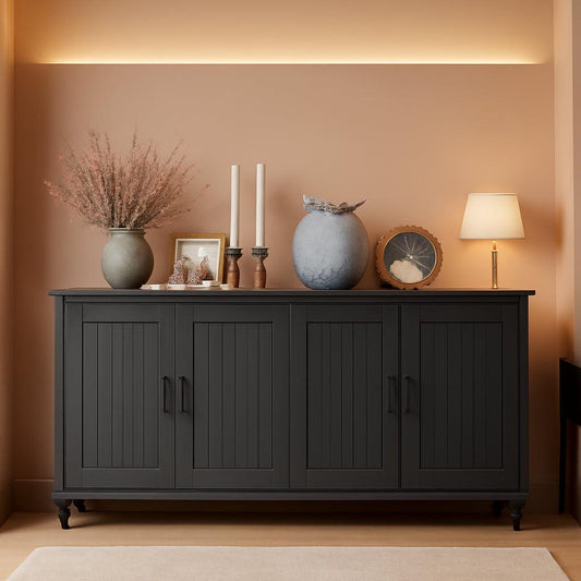 NEW Black 62 Inch Coffee Bar Cabinet Four Doors Storage