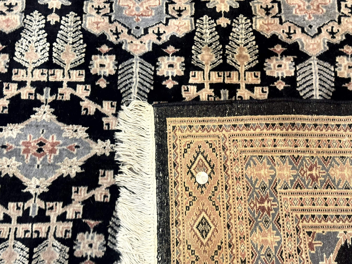 USED Turkoman Bokhara Rug 6x9, Pakistani Carpet, Black, Hand Knotted