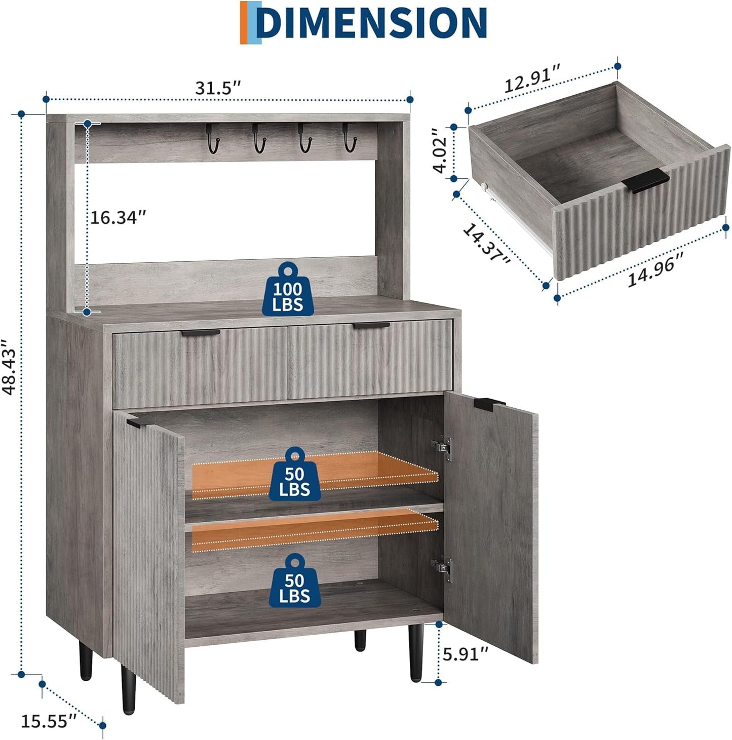 NEW Grey Sideboard Cabinet With 2 Drawers For Dining Room