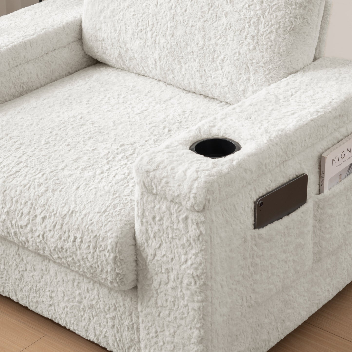 NEW Luxurious Faux Rabbit Fur Oversized Chaise Lounge Sofa Bed with Storage Ottoman Armrests and Cup Holders