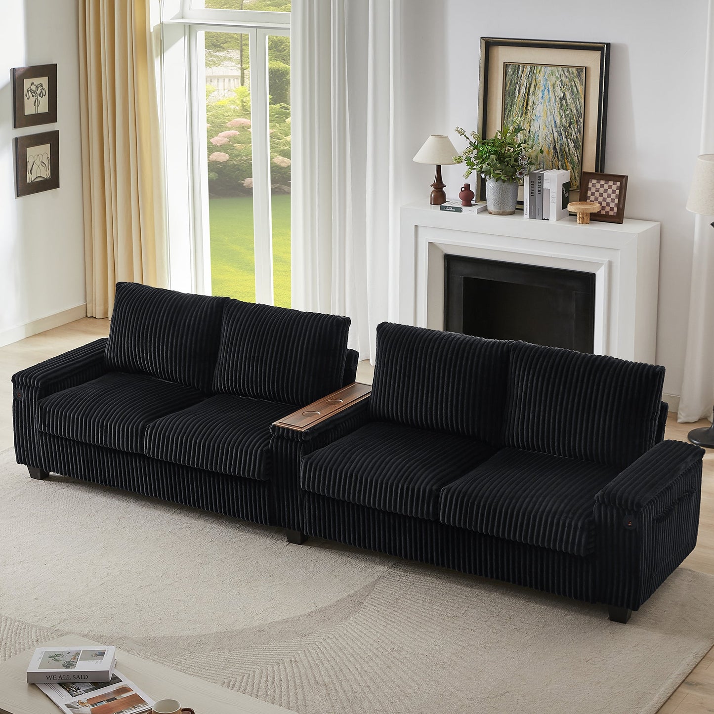 NEW Modern 4-Seater Black Corduroy Sofa Couch with USB Ports and Hidden Storage